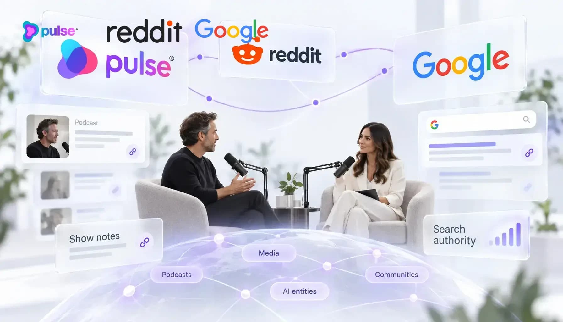 Editorial hero banner illustrating founder podcast tours for high-DR link building, brand citations, and AI search entity authority