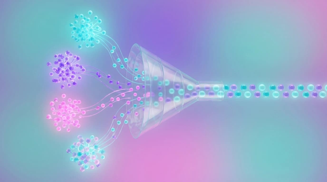 Four colored clusters of nodes funneling through a filter into a single clean data stream, representing query groups being de-noised