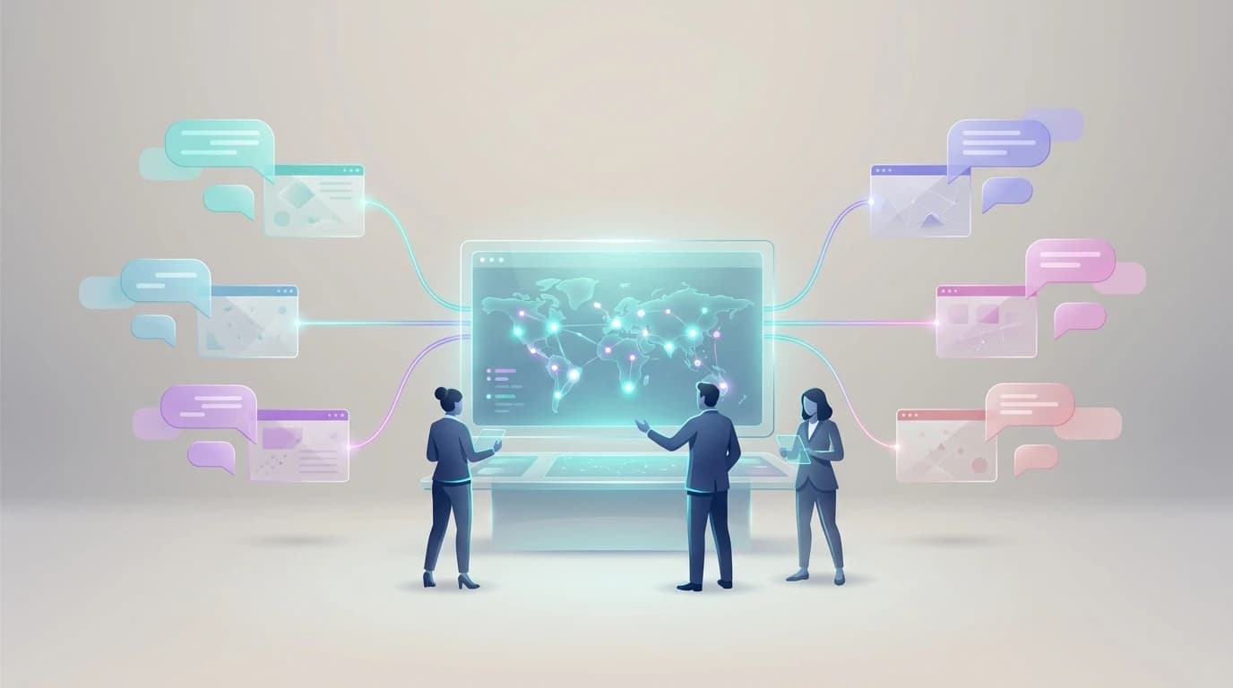 Illustration of an agency command-center dashboard monitoring streams of Reddit conversations across multiple client workspace cards, in Pulse turquoise, violet, and pink